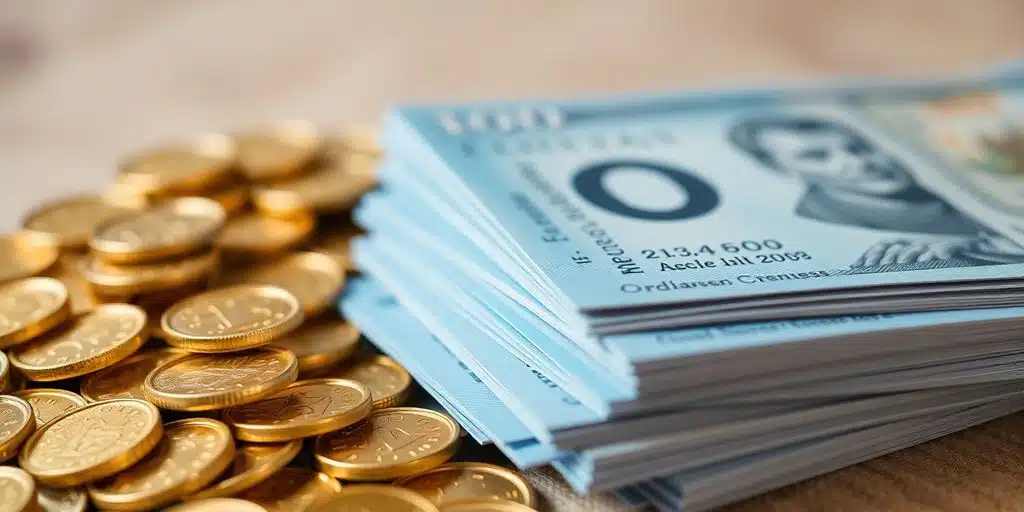 A pile of gold coins and blue currency.