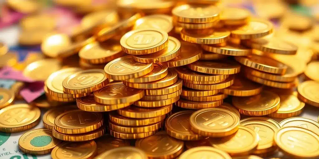 Pile of shining golden coins and game currency.